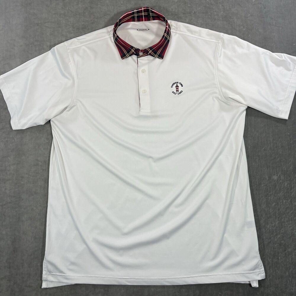 DriWay Mens XL White Plaid Collar Golf‎ Polo Shirt